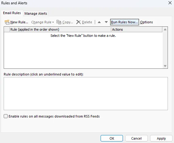 No rules visible in Outlook